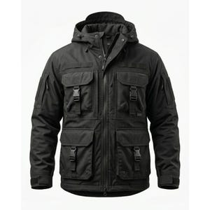 Black Tactical Military Jacket Men | Multi-Pocket Techwear Coat | MOLLE Field Jacket | Waterproof Outdoor Cargo Jacket | Mens Gift
