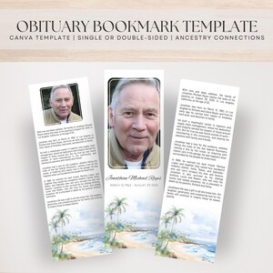 May include: Obituary bookmark template with a photo of a man, beach scene, and text. The text includes the name Jonathan Michael Reyes, birth and death dates, and the words "OBITUARY BOOKMARK TEMPLATE". The template is for Canva and can be single or double-sided.