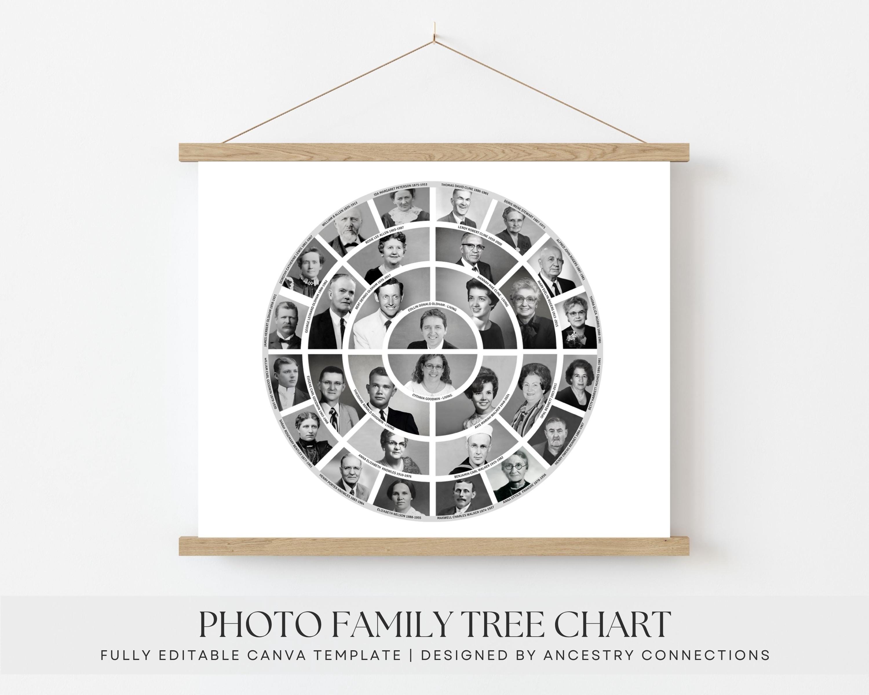 4 Generation Photo Family Tree Canva Template | Editable Ancestry Chart ...