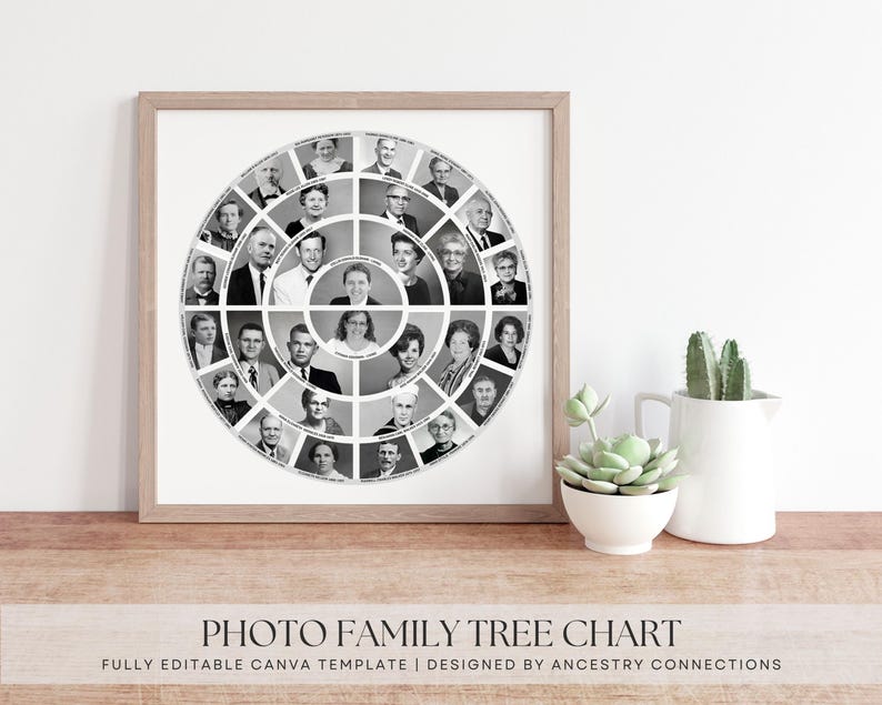 4 Generation Photo Family Tree Canva Template | Editable Ancestry Chart ...