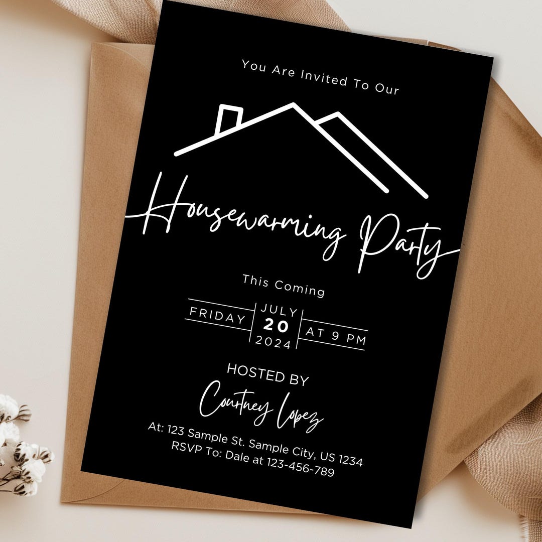 Black Housewarming Invitation Card, Minimalist Editable Digital ...
