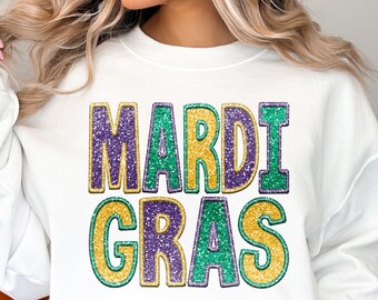 Women's faux glitter effect Mardi Gras sweatshirt, Women's sparkly effect Mardi Gras sweatshirt, Women's Embroidery Effect Mardi Gras Shirt