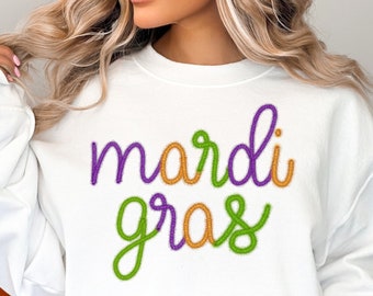 Women's faux tinsel effect Mardi Gras sweatshirt, Women's tinsel effect Mardi Gras sweatshirt, Women's Embroidery Effect Mardi Gras Shirt
