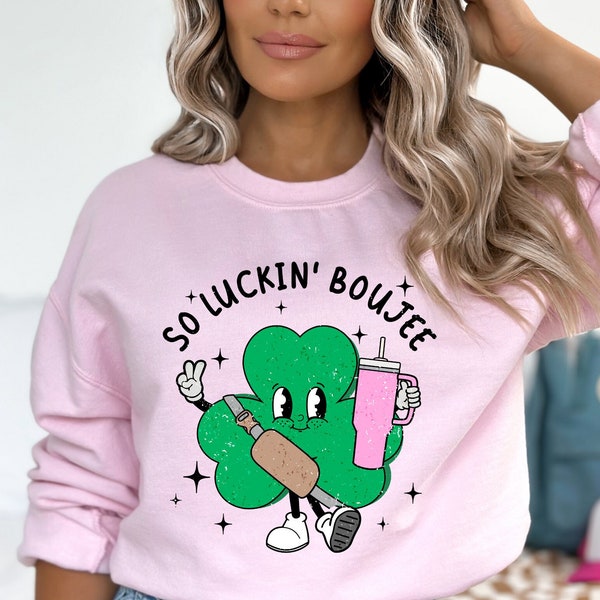 Women's St. Patrick's Day Sweatshirt, St. Patricks Day Trendy Sweatshirt, luckin boujee, fanny pack, clover, Stanley cup sweatshirt