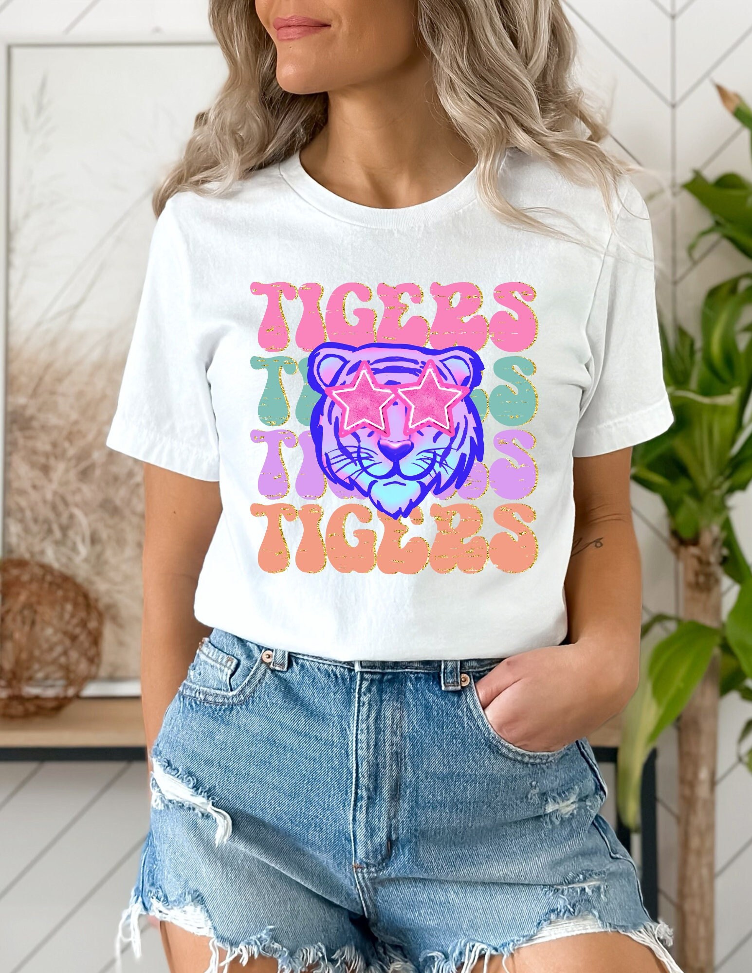 Faux Glitter tigers t shirt, Game day tigers t shirt, faux sparkle tigers t shirt, preppy tigers mascot shirt, go tigers, colorful tigers