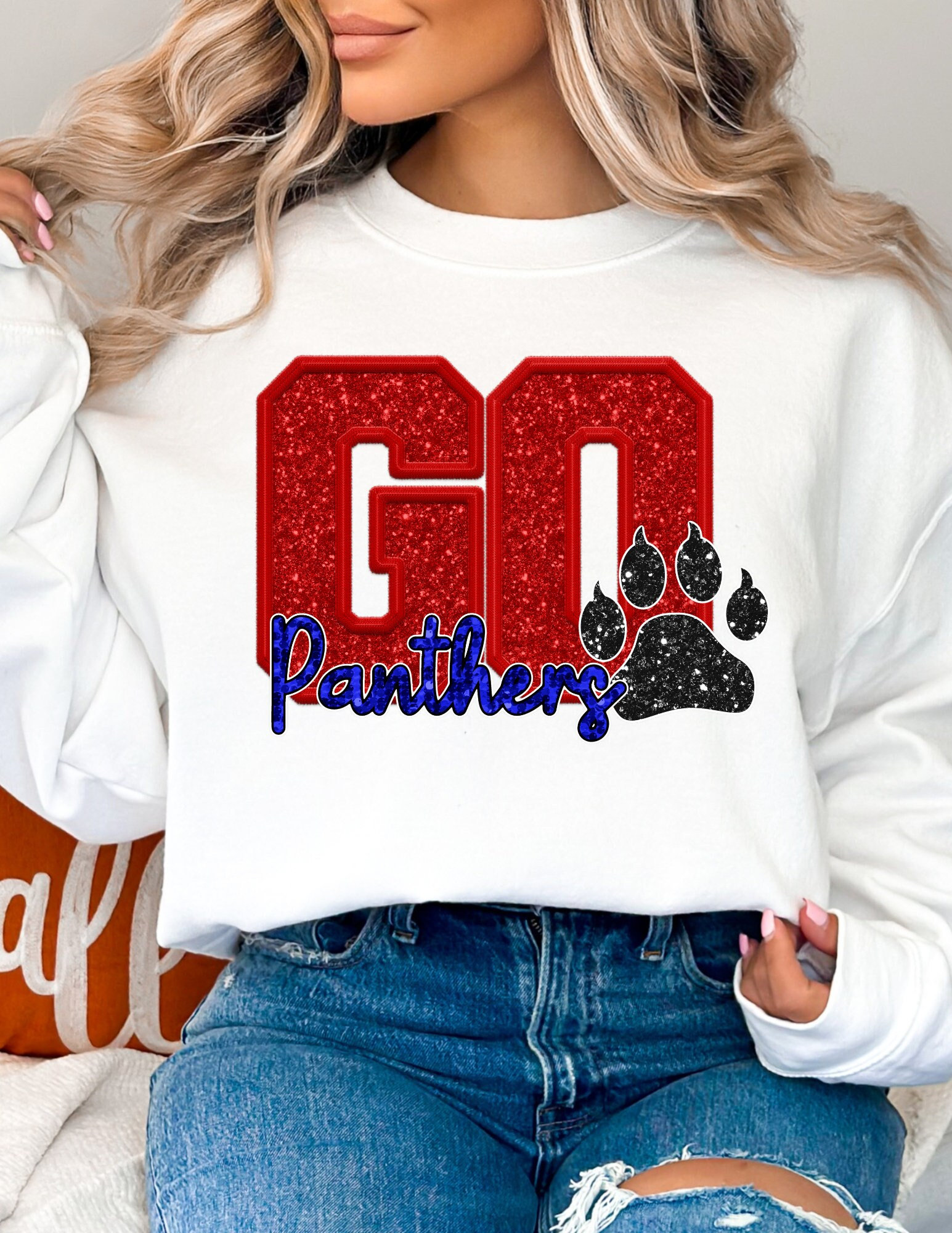 Faux Glitter Panthers Sweatshirt, Game day Panthers Sweatshirt, faux sparkle black and gold Panthers sweatshirt, panthers mascot, go panther