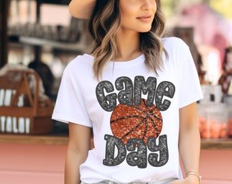 Faux Glitter basketball t shirt, Game day basketball t shirt, faux embroidery basketball shirt, Sparkly basketball shirt, basketball shirt