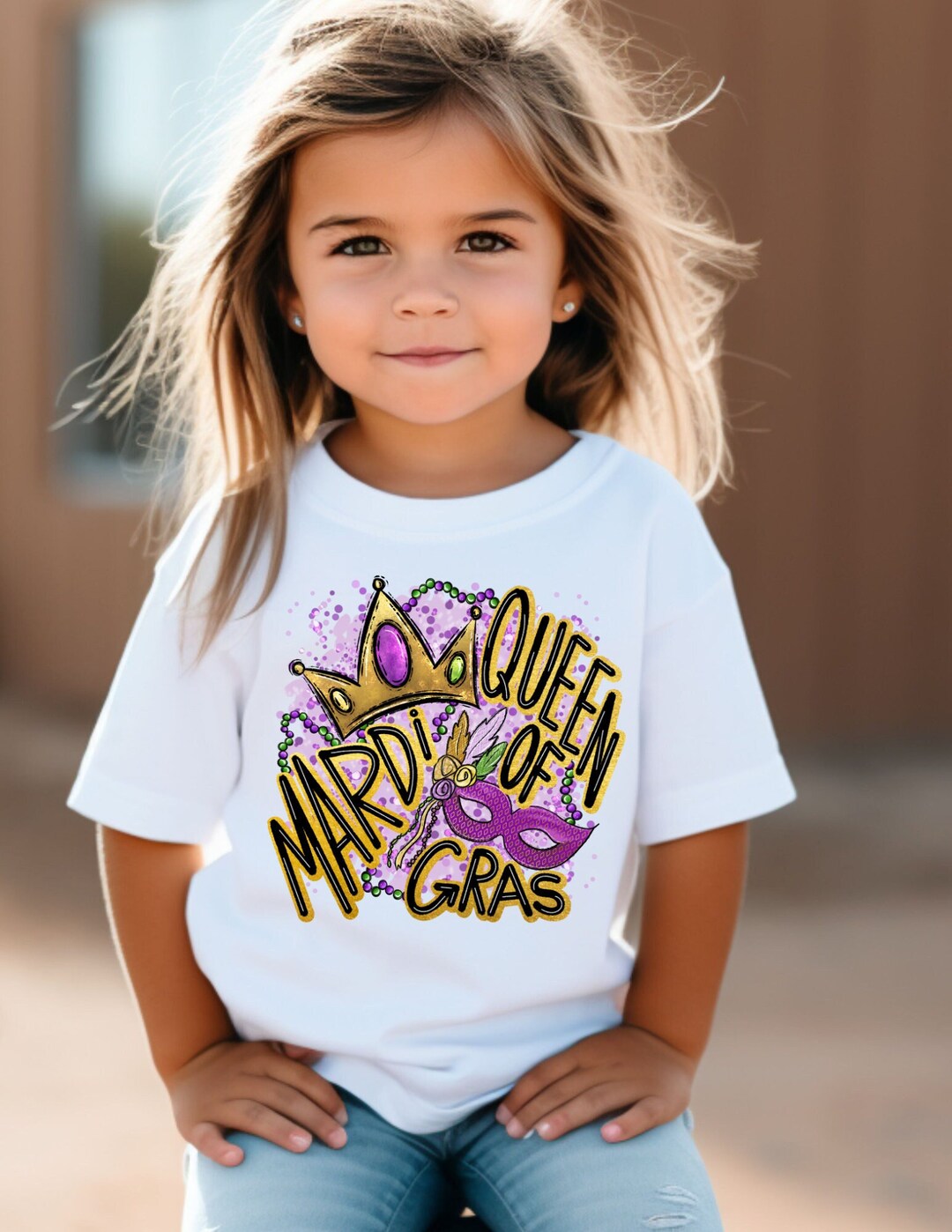 Girls Gold Effect Mardi Gras Queen Shirt, Girls Queen of Mardi Gras