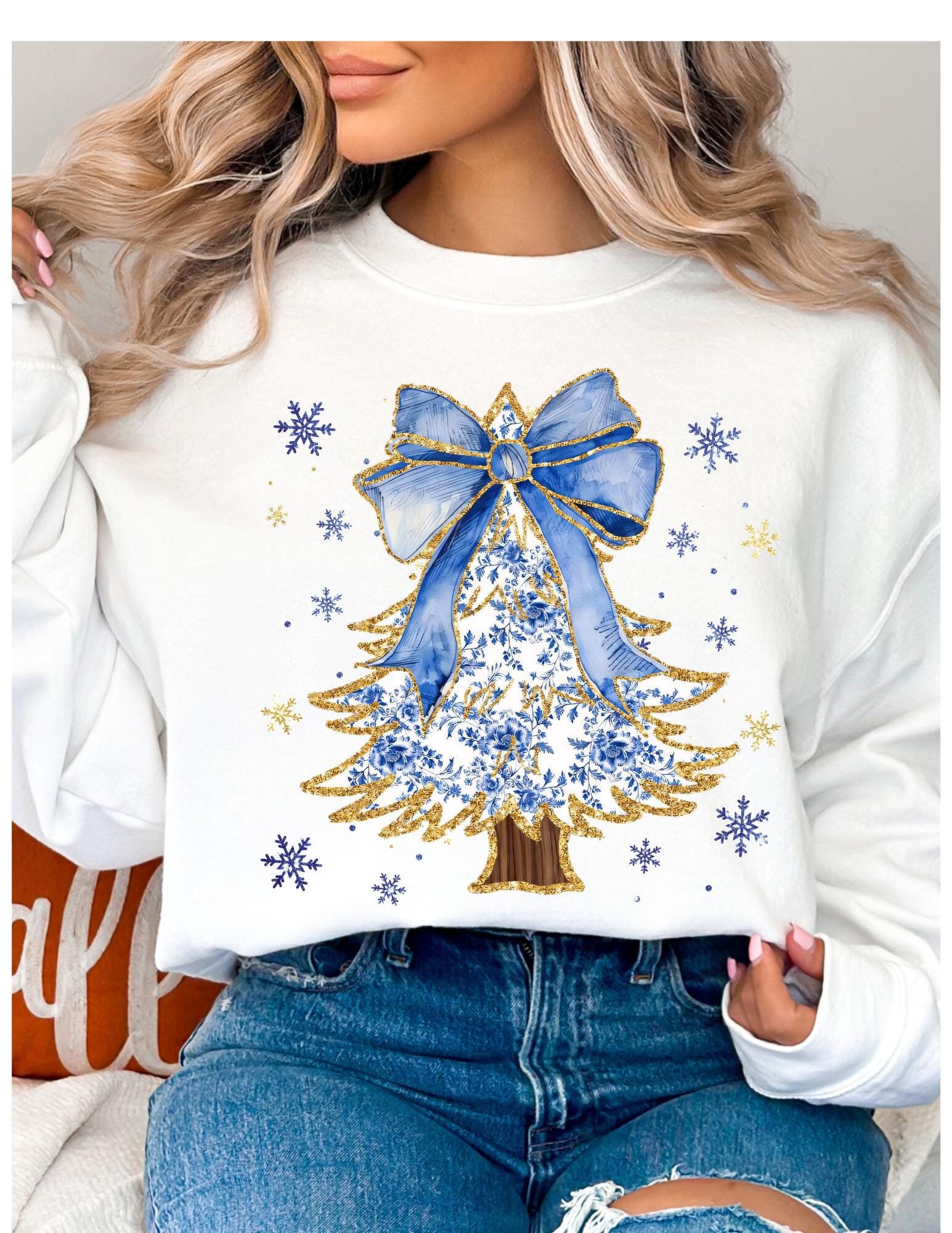 Faux Glitter effect Trendy Coquette Christmas Tree Sweatshirt, blue and gold sparkly effect Christmas coquette, blue and white christmas
