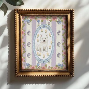 May include: A framed print featuring a white dog illustration within a blue oval, set against a striped background of lavender and white. The frame is gold with a beaded edge, and the print is decorated with floral elements.
