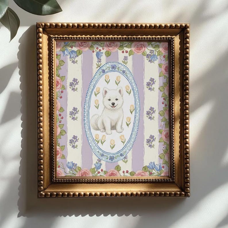 May include: A framed print featuring a white dog illustration within a blue oval, set against a striped background of lavender and white. The frame is gold with a beaded edge, and the print is decorated with floral elements.