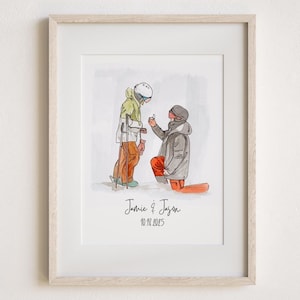 May include: Watercolor illustration of a marriage proposal on a snowy mountain. One person is kneeling, holding a ring, while the other stands with ski poles. The artwork is framed and includes the names "Jamie & Jason" and the date "10.18.2025".