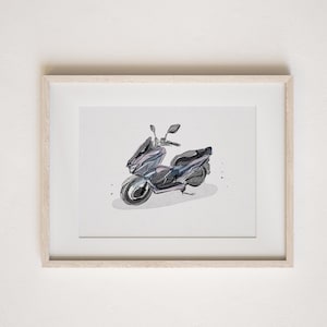 May include: A watercolor illustration of a silver scooter with a white background. The scooter is drawn in a realistic style with details like the wheels, handlebars, and seat.