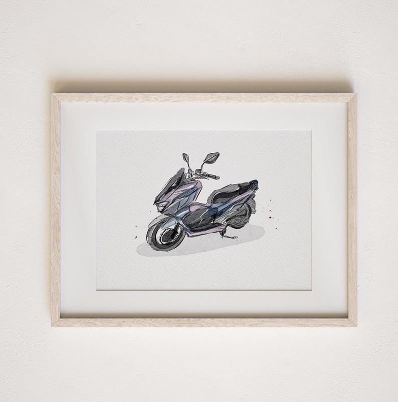 May include: A watercolor illustration of a silver scooter with a white background. The scooter is drawn in a realistic style with details like the wheels, handlebars, and seat.