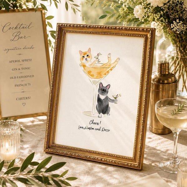 Custom Pet Drawing Holding Martini Glass  Dog or Cat Portrait for Cocktail Wedding Napkins and Signature Drinks, Watercolor from Photo