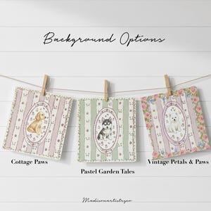 May include: Three decorative fabric squares with dog illustrations, each hanging from a wooden clothespin. The squares feature different patterns and colors, including pink stripes, green stripes, and floral designs. Text on the squares reads "Cottage Paws", "Pastel Garden Tales", and "Vintage Petals & Paws".