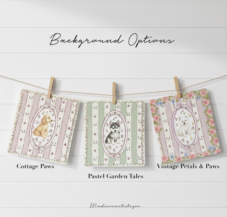 May include: Three decorative fabric squares with dog illustrations, each hanging from a wooden clothespin. The squares feature different patterns and colors, including pink stripes, green stripes, and floral designs. Text on the squares reads "Cottage Paws", "Pastel Garden Tales", and "Vintage Petals & Paws".