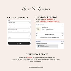 May include: A webpage detailing the ordering process for custom pet portraits. The steps are: place your order, send photos via Etsy message or email, and check your proof. The seller, Madison, is identified with contact details.