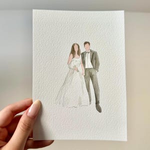 May include: Watercolour painting of a bride and groom in their wedding attire. The bride is wearing a white dress and the groom is wearing a dark suit. The painting is on a white background.