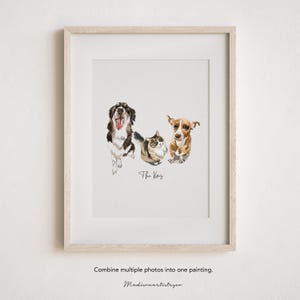 May include: Watercolour painting of three pets: a dog, a cat, and another dog. The dog on the left is black and white with its tongue out. The cat is grey and brown. The dog on the right is brown and white. The painting is in a white frame.
