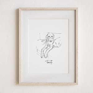 May include: Black and white line drawing of a dog wearing glasses and lying on a bed. The drawing is signed "Tomato" in the bottom right corner.