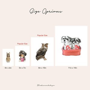 May include: Watercolor prints of a cat, dog, owl, and two dogs in a red bed. Available sizes include 10x15 cm, 13x18 cm, 20x25 cm, and 28x36 cm. The text "Size Options" and "Popular Size" are also present.