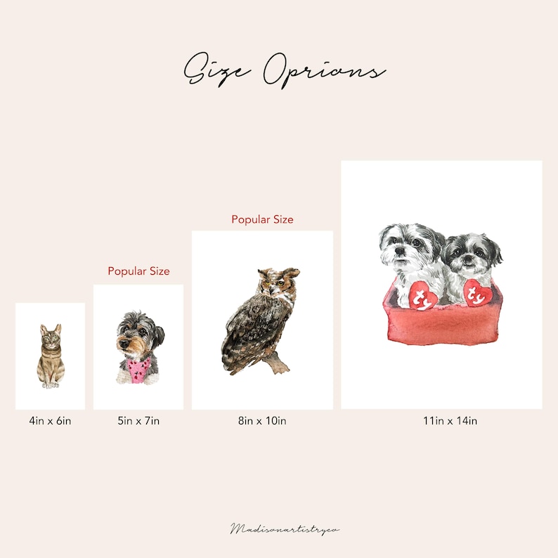 May include: Watercolor prints of a cat, dog, owl, and two dogs in a red bed. Available sizes include 10x15 cm, 13x18 cm, 20x25 cm, and 28x36 cm. The text "Size Options" and "Popular Size" are also present.