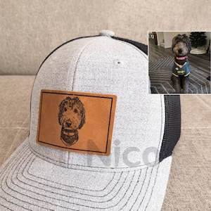 casquette de camionneur des douanes | Chapeau avec empiècement en cuir | Chapeau gravé en cuir personnalisé pour animal de compagnie ou portrait humain | Amoureuse des animaux de compagnie|Offrez-lui un cadeau | Photo sur le chapeau