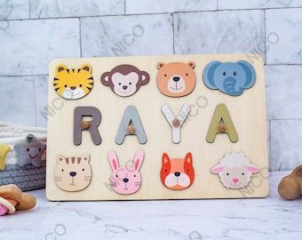 Custom Name Puzzle with Animals-Wooden Toy-Personalized  Gift-Baby Gift-1st Birthday Gift-Christmas Gifts for Toddlers