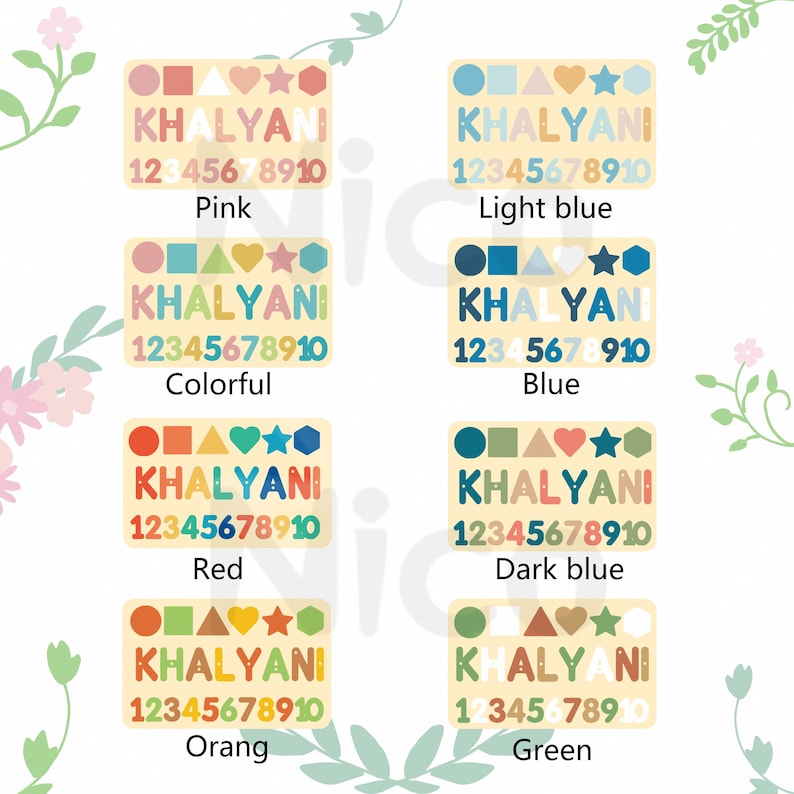 May include: A set of ten personalized name tags with different colored backgrounds and geometric shapes. The name "KHALYANI" and the numbers "12345678910" are printed on each tag. The colors include pink, light blue, colorful, blue, red, dark blue, orange, and green.