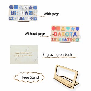 May include: Personalized wooden name puzzle with colorful pegs and numbers 1 through 10. The puzzle is freestanding and has an engraved back. The name "MICHAEL" is shown on the puzzle.