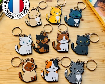 Può includere: Una collezione di undici portachiavi a forma di gatto con vari colori e motivi del mantello, tra cui disegni bianco tinta unita, nero, tigrato arancione, calico e siamese. Ogni portachiavi include un anello in metallo e un logo Made in France.