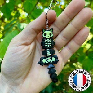 Peut inclure: Un porte-clés chat squelette noir et vert fluo. Le porte-clés est composé de plusieurs pièces reliées, avec une tête de chat en haut et une queue en bas. Le design squelette brille dans le noir.