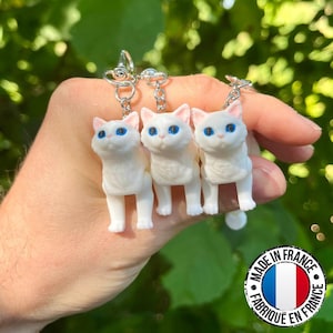 Può includere: Tre portachiavi a forma di gatto bianco con occhi blu e orecchie rosa sono tenuti su uno sfondo verde. Ogni gatto ha un attacco portachiavi argentato. È visibile un adesivo rotondo con la bandiera francese e la scritta "Made in France".