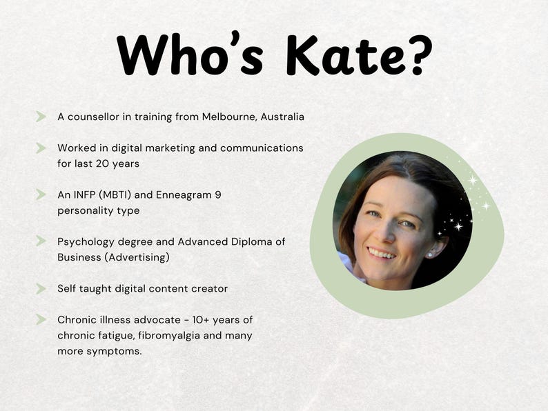 May include: A graphic with the text "Who's Kate?" and a photo of a smiling woman. The text describes her as a counselor in training, digital marketing professional, and chronic illness advocate.