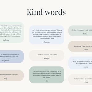 K&ouml;nnte beinhalten: Eine Sammlung von Kundenbewertungen mit der &Uuml;berschrift Kind words, dargestellt in verschiedenen pastellfarbenen rechteckigen Sprechblasen. Jede Sprechblase enth&auml;lt eine kurze Rezension und den Namen der Person, darunter Melinda, Shannon, Kelly und andere.