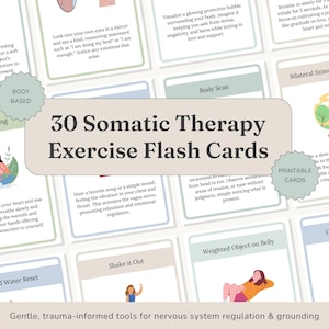 May include: A set of 30 somatic therapy exercise flash cards featuring pastel-coloured borders and illustrations. The cards include text instructions for grounding techniques like Self-Holding, Body Scan, and Bilateral Stimulation Walk.