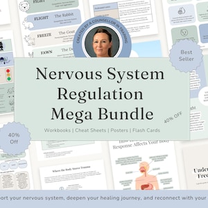K&ouml;nnte beinhalten: Ein digitales Bildungsset mit dem Titel Nervous System Regulation Mega Bundle, das Arbeitsb&uuml;cher, Merkbl&auml;tter, Poster und Lernkarten enth&auml;lt. Die Sammlung umfasst Diagramme zur Polyvagal-Theorie, Stressreaktionen und Traumata.