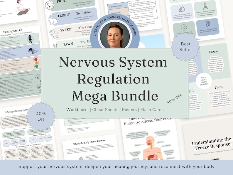 K&ouml;nnte beinhalten: Ein digitales Bildungsset mit dem Titel Nervous System Regulation Mega Bundle, das Arbeitsb&uuml;cher, Merkbl&auml;tter, Poster und Lernkarten enth&auml;lt. Die Sammlung umfasst Diagramme zur Polyvagal-Theorie, Stressreaktionen und Traumata.