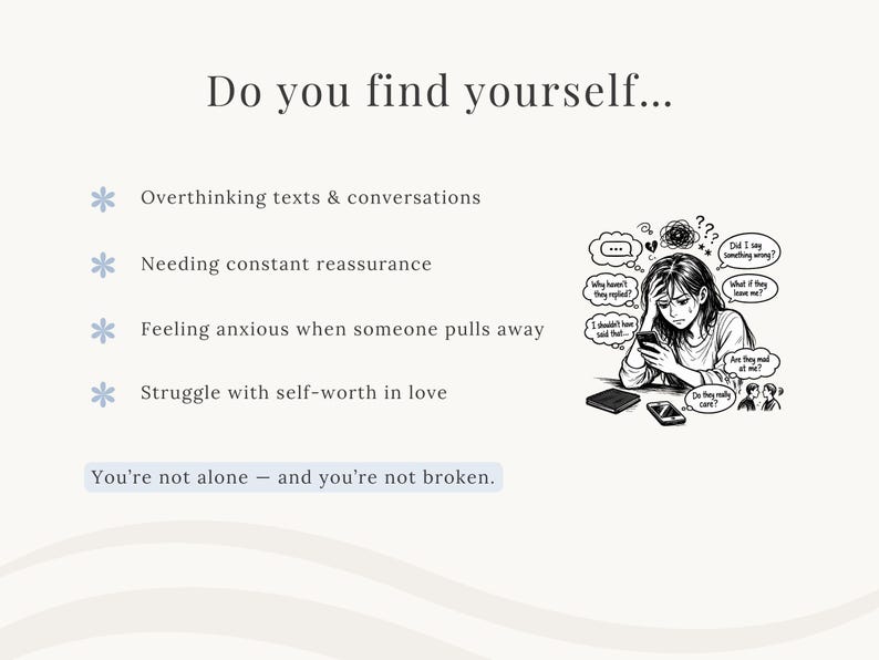 May include: A graphic with text and an illustration. The text reads "Do you find yourself..." followed by a list of feelings. An illustration shows a person holding a phone, with thought bubbles. The text at the bottom says "You're not alone - and you're not broken."