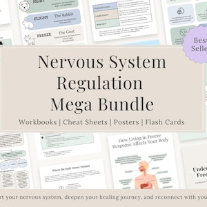 以下が含まれることがあります： 「Nervous System Regulation Mega Bundle」と題された教育資料のコレクション。 ワークブック、チートシート、ポスター、フラッシュカードが含まれています。 画像には、神経系とトラウマ反応に関連するテキストと図が表示されています。