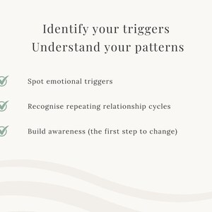 May include: A cream-colored graphic with text that reads "Identify your triggers, Understand your patterns." Below, three bullet points: "Spot emotional triggers," "Recognize repeating relationship cycles," and "Build awareness (the first step to change)."