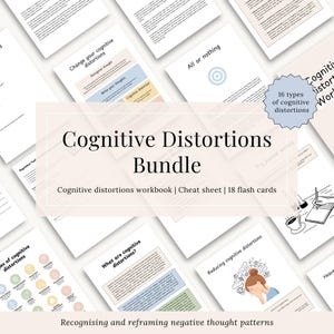 Op de afbeelding: Een bundel educatief materiaal getiteld "Cognitive Distortions Bundle". De afbeelding toont een werkboek, een spiekbriefje en 18 flashcards. De materialen zijn ontworpen om negatieve denkpatronen te herkennen en te herformuleren. De tekst bevat "16 soorten cognitieve vervormingen."