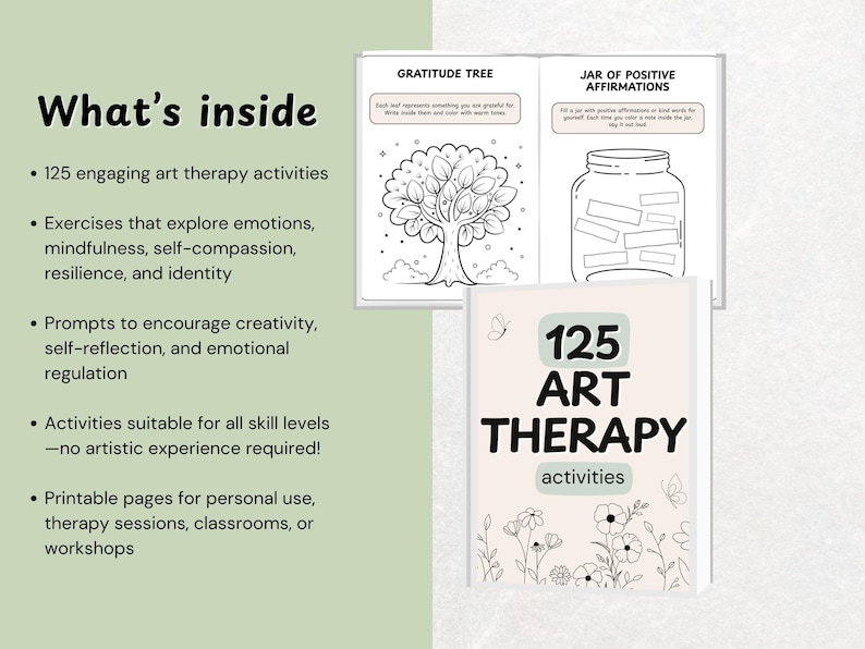 May include: A book titled "125 Art Therapy Activities" with a floral design. The image also shows open pages with line drawings of a tree and a jar, and text that reads "Gratitude Tree" and "Jar of Positive Affirmations".