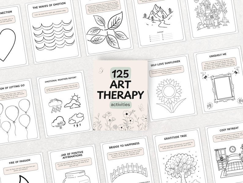 May include: A collection of art therapy activity cards with various line drawings and prompts. The central card reads "125 ART THERAPY activities." Other cards feature images of waves, leaves, a mountain, a house, a sunflower, and a frame.