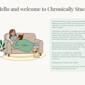 May include: Illustration of a woman reading on a beige couch, covered with a green blanket. A small pug sits nearby. Text at the top reads "Hello and welcome to Chronically Stuck". The image promotes digital resources for mental health.