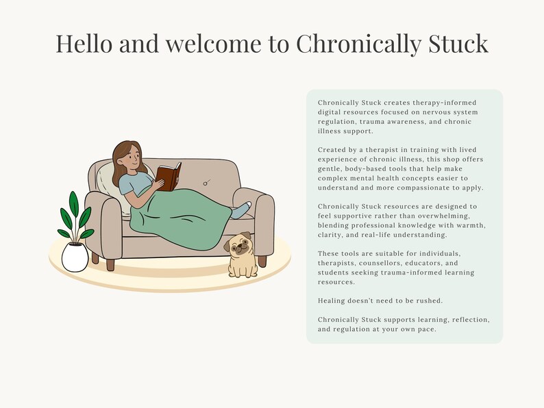 May include: Illustration of a woman reading on a beige couch, covered with a green blanket. A small pug sits nearby. Text at the top reads "Hello and welcome to Chronically Stuck". The image promotes digital resources for mental health.