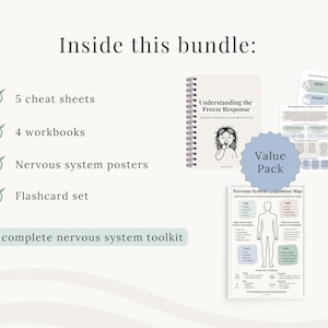K&ouml;nnte beinhalten: Ein Nervensystem-Bildungsset mit einem spiralgebundenen Arbeitsbuch mit dem Titel Understanding the Freeze Response, einem Nervous System Regulation Map Poster, Spickzetteln, Arbeitsb&uuml;chern und Lernkarten. Der Text lautet Inside this bundle.
