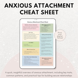 Op de afbeelding: Een roze en witte geïllustreerde cheat sheet met de titel "Anxious Attachment Cheat Sheet". De cheat sheet geeft een definitie van angstige gehechtheid, belangrijke kenmerken, kernwaarden, waar het vandaan komt, hoe het zich in relaties manifesteert, tips voor genezing en groei, en affirmaties voor angstige gehechtheid. De cheat sheet bevat ook een optie voor printen en digitaal formaat.