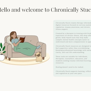 K&ouml;nnte beinhalten: Eine Illustration mit dem Text 'Hello and welcome to Chronically Stuck' &uuml;ber einer Zeichnung einer Person, die auf einem beigen Sofa mit gr&uuml;ner Decke ein Buch liest, neben einem Mops. Ein hellgr&uuml;nes Textfeld beschreibt digitale Ressourcen.